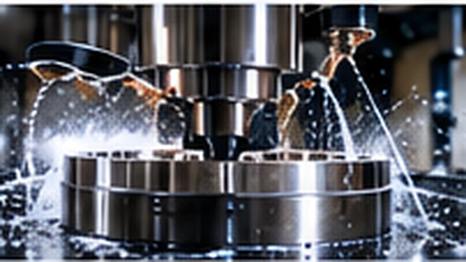 CNC machining center cutting a precision metal component with coolant