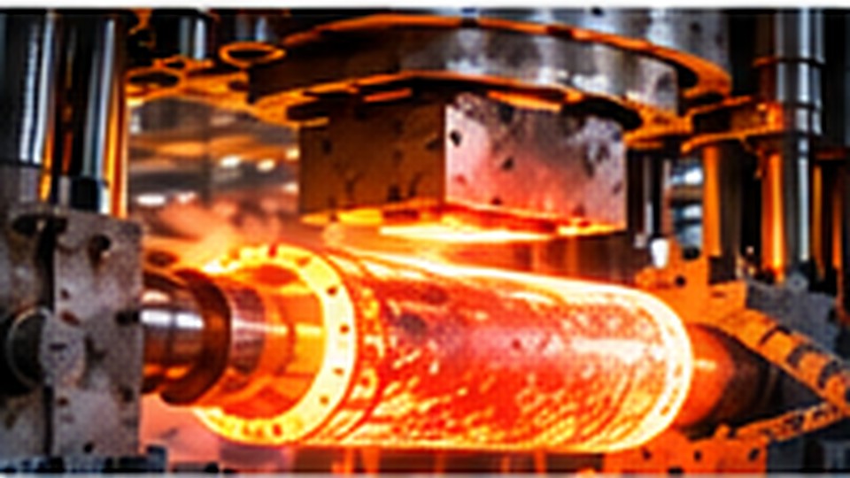 Open-die hydraulic forging press working a hot metal billet