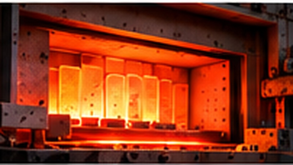 Industrial heat treatment furnace with glowing heated metal components